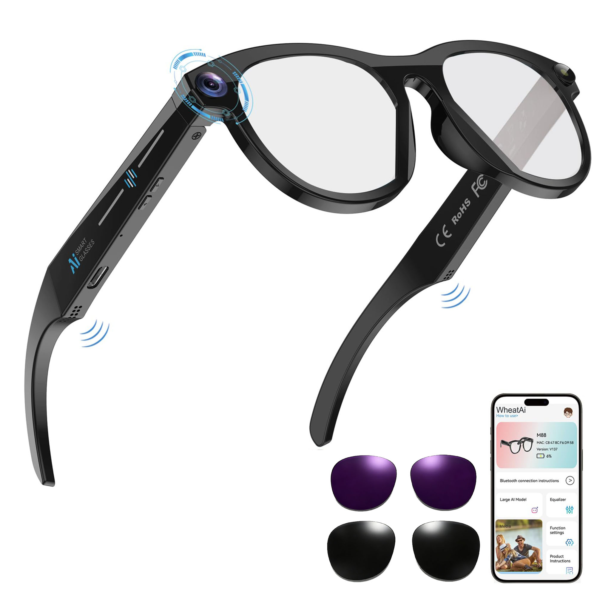Black Smart Ai Glasses for Men - Audio Music For Video 评论和价格